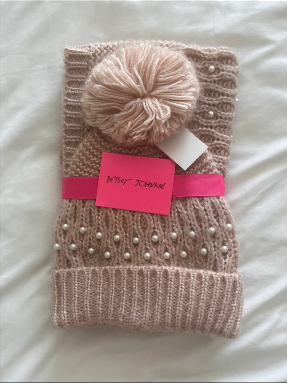 Betsey Johnson Blush Pink Pearl Pom Knit Hat and scarf set NWT
